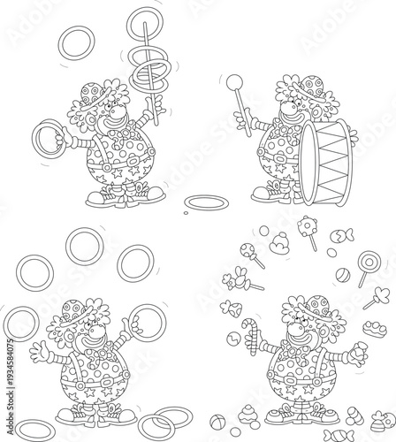 Funny clown juggling with toy hoops, sweets and candies, drumming in a big drum in a fun circus performance, a set of black-and-white outline vector cartoon illustrations for a coloring book