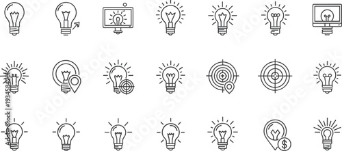 Creative idea and innovation line icons set, light bulb, target and business strategy symbols collection, vector illustration