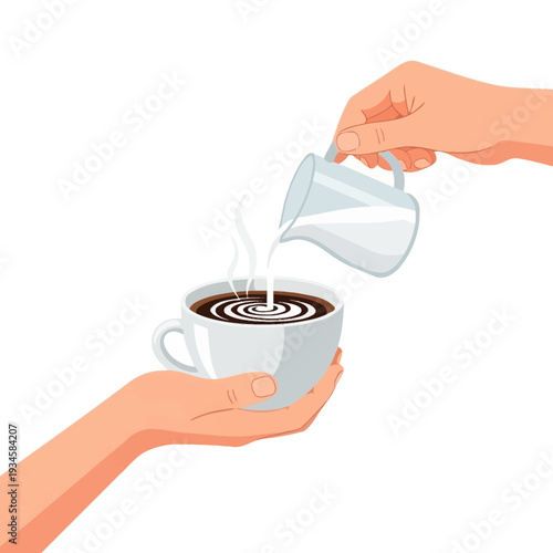 Adding milk to hot coffee, steaming cup, morning beverage preparation, close-up