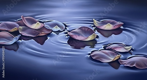 Delicate floral petals elegantly adrift on tranquil waters surface