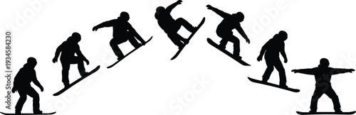 Snowboarder Jump Silhouette Illustration Vector Featuring Takeoff, Peak, Landing Sequence, Winter Sports Icon, Athletic Motion Symbol, and Marketplace Success for Creative Projects