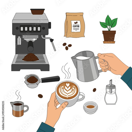 Barista making latte art with espresso machine, milk pitcher, and coffee beans