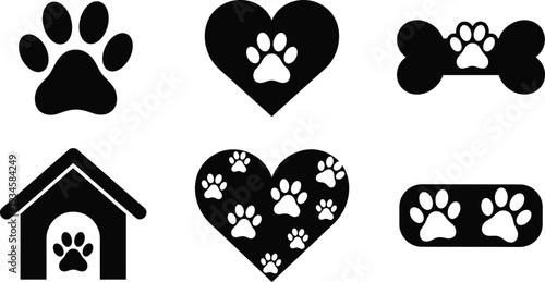 Black Silhouette Vector Set Featuring Dinosaurs, Pet Paw Prints, Baby Toys, Police Officers, Business Professionals, Nature Trees, and Cybersecurity Icons