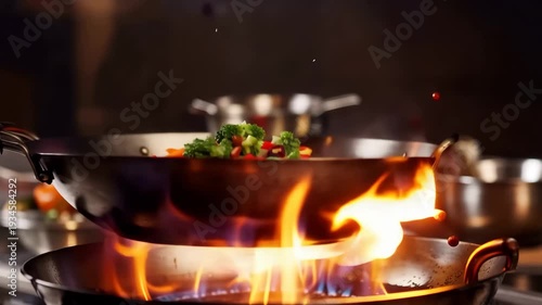 Vibrant vegetables and spices tossed in a wok pan with flames rising in the air captured in a lively kitchen setting at night