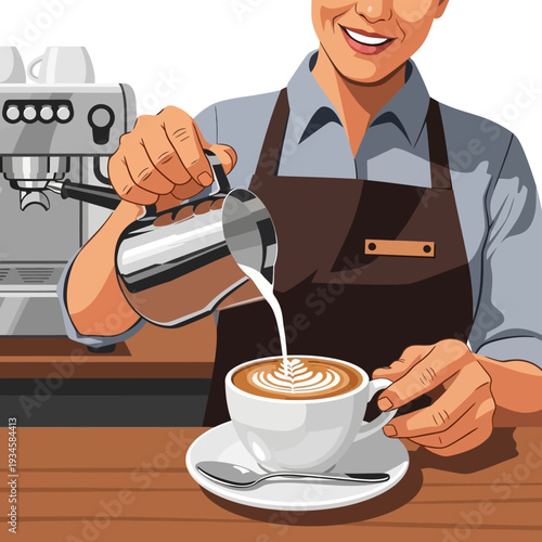 Barista making latte art coffee at espresso machine, close up on hands and cup