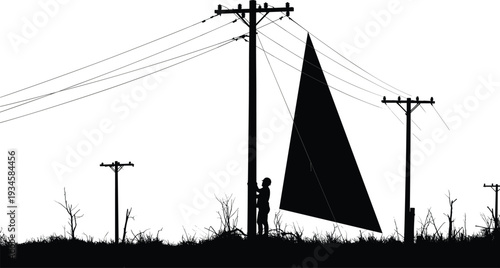 Silhouette child flying kite near electric poles in rural field, dramatic landscape vector scene, minimalist black and white illustration art