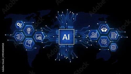 animation Fintech Regulation Concept: AI Logo and Data Analytics Icons over Blue World Map animation on the black background.4k video.