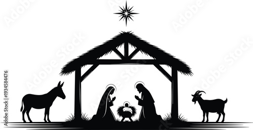 Nativity Scene Silhouette Vector Illustration, Holy Family Birth of Jesus in Bethlehem Manger with Star, Donkey and Sheep, Christian Christmas Design