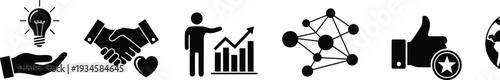 Business growth icon set, innovation lightbulb, partnership handshake with heart, data analytics graph, network connection, thumbs up star rating, global.