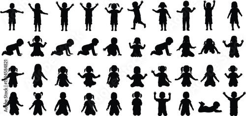 Silhouette collection of children standing, sitting, crawling, playing and raising hands, diverse kid poses vector illustration set for design use
