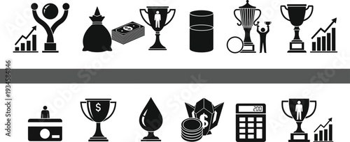 Business success and financial achievement icon set featuring trophy cups, money bags, cash, profit growth charts, calculator, and award symbols.