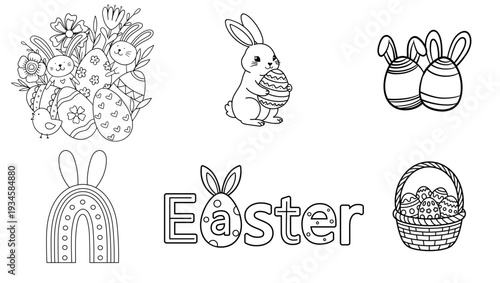 A delightful black and white collection of outline vector illustrations perfect for children's Easter coloring pages featuring cute bunnies decorated eggs a festive basket blooming flowers and a whims