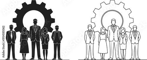 Business team standing with gear cog background, professional corporate group silhouette and outline, teamwork mechanism, leadership success, industrial collaboration vector