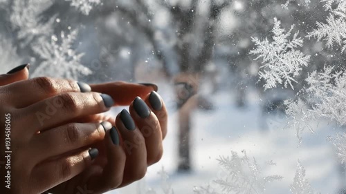Wrist and hand close-animated movie against frosted glass in calm winter scene