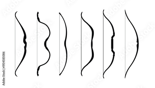 Set of traditional archery bow silhouettes showcasing historical weapon designs, cultural heritage, hunting tools, and vector educational graphics.