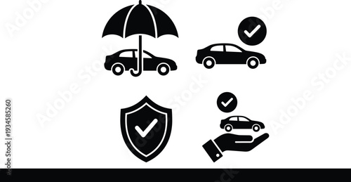 Car insurance icon set with umbrella protection vehicle safety shield and hand holding car for automotive security and policy coverage