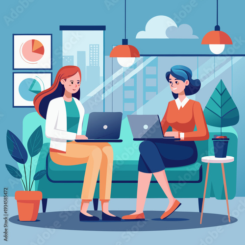 two business people working on laptop. Two businesswomen discussing work using a laptop in a modern office lounge area, showing teamwork and communication