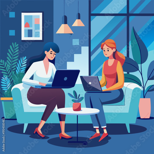 business woman working on laptop. Two businesswomen discussing work using a laptop in a modern office lounge area, showing teamwork and communication. vector file