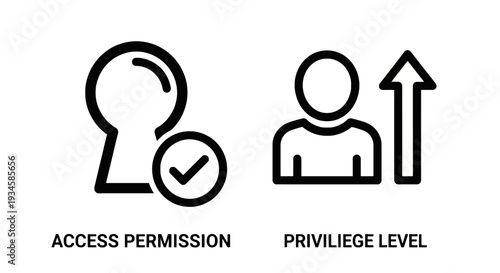 User Access Permission and Privilege Level Icons with Keyhole and Upward Arrow, Black Outline Vector for Authorization and Security Concepts.