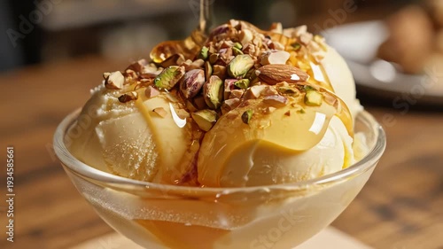 Close up of vanilla ice cream with nuts and syrup in a glass bowl