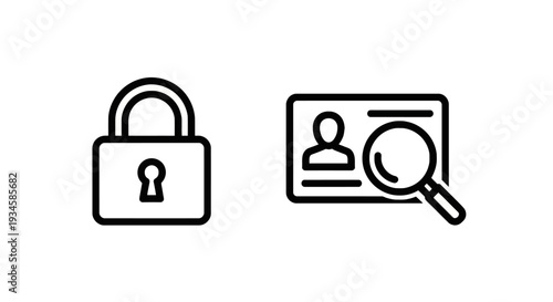 Digital Security Padlock and Identity Verification Icons with Magnifying Glass over ID Card, Black Outline Vector for Data Protection and User Privacy.