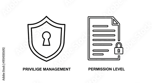 Privilege Management and Permission Level Icons with Shield Keyhole and Document Padlock, Black Outline Vector for Access Control and Data Security.