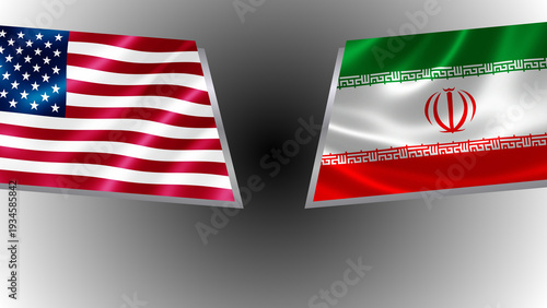 News background, confrontation banner with USA and Iran flags facing each other on a gradient grey background with copy space.