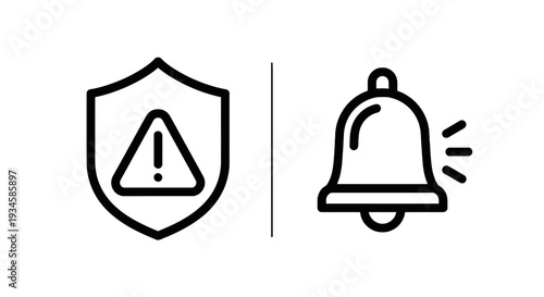 Security Alert Shield and Notification Bell Icons for Warnings, System Alarms, and Important Messages