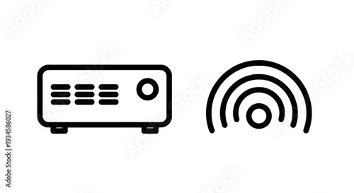 Network Hardware and Wireless Signal Icons: Digital Connectivity, Data Transmission, and Wi-Fi Technology Symbols