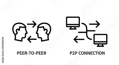 Peer-to-Peer P2P Connection Icons: Direct Network Data Exchange and Decentralized Communication Symbols