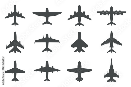 Set of Twelve Aircraft Silhouettes in Top View for Aviation Design Projects