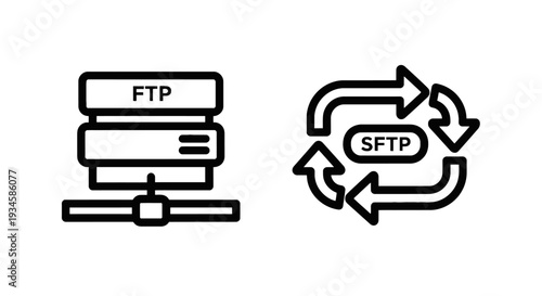 FTP and SFTP Icons: File Transfer Protocol for Secure Data Exchange and Network Communication Symbols