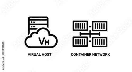 Virtual Host and Container Network Line Icons, Cloud Computing and Modern Virtualization Architecture