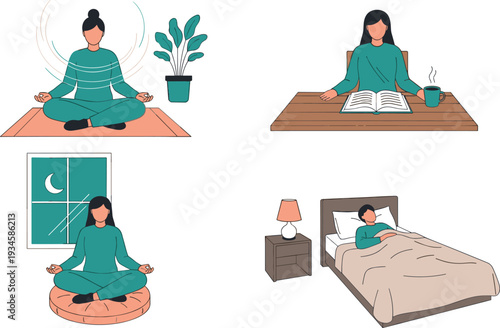 Healthy daily routine illustration with meditation reading night mindfulness and sleep habits flat vector lifestyle wellness concept set