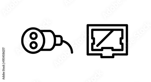 Power Plug and Ethernet Port Line Icons, Wired Network and Electrical Connection Symbols for IT Hardware