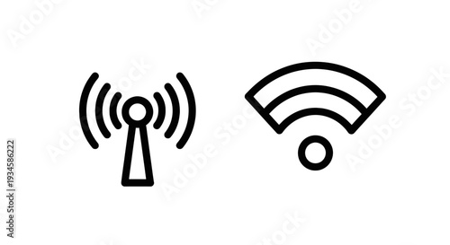 Antenna and Wi-Fi Signal Line Icons, Wireless Communication and Internet Connectivity Symbols