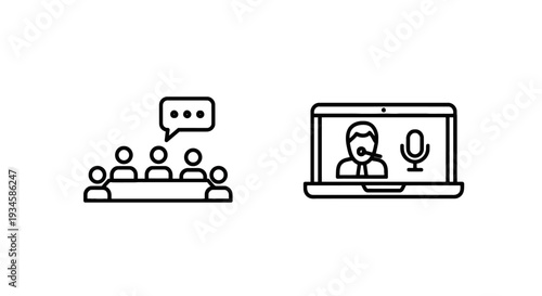 Business Conference and Online Video Meeting Icons Representing Team Collaboration and Remote Work