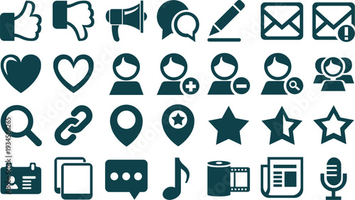 Social Media and Content Interaction Vector Icon Set – Dark Teal Web Symbols
