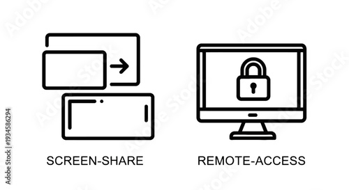 Screen Share and Remote Access Icons for Online Collaboration, Digital Security, and Remote Work Solutions