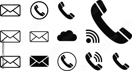 Communication icon set, email envelope symbols, telephone handset signs, cloud computing graphic, wireless signal icons, website contact interface elements, vector, professional.