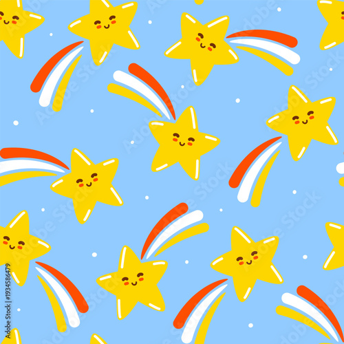 Seamless pattern with cute сartoon shiny twinkle stars and rainbow on blue sky background - funny wallpaper for Your kawaii happy kids design