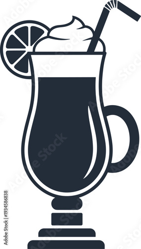 Stylized black and white beverage glass illustration with whipped cream topping, citrus garnish, and straw, cocktail or mocktail icon, specialty drink artwork, menu design symbol