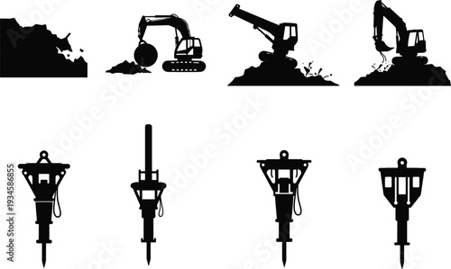 Silhouette excavators pushing soil, lifting boulders, digging ground, hydraulic breaker jackhammer tools, heavy machinery construction equipment, demolition process industrial illustration