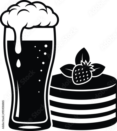 Black and white illustration of tall beer glass with foam and layered cake topped with strawberry, dessert and drink concept, celebration, menu design, food pairing artwork