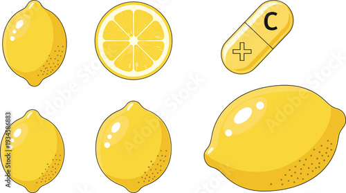 Bright yellow lemons with citrus slice and vitamin C capsule illustration symbolizing healthy nutrition, organic fruit supplement, antioxidant wellness, immunity boost, and natural food benefits