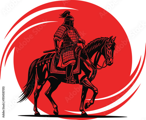 Black and white warrior riding armored horse illustration with sword and plume helmet, historical cavalry artwork, martial valor concept, ancient battle design, traditional warrior icon