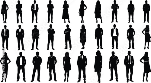 Silhouette group of business professionals standing confidently in formal attire representing teamwork, leadership, diversity, and corporate success