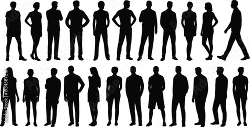 Silhouette group of diverse people standing in various poses, human posture, lifestyle diversity, demographic concept, artistic illustration design