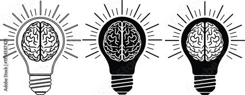 Creative brain lightbulb icons representing idea generation, intelligence, innovation, brainstorming, logic, and mental power through outline and solid vector graphic symbols,