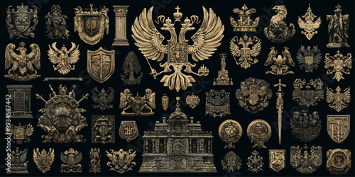 Collection of ten ornate heraldic crests and emblems featuring mythical creatures, lions, and swords.